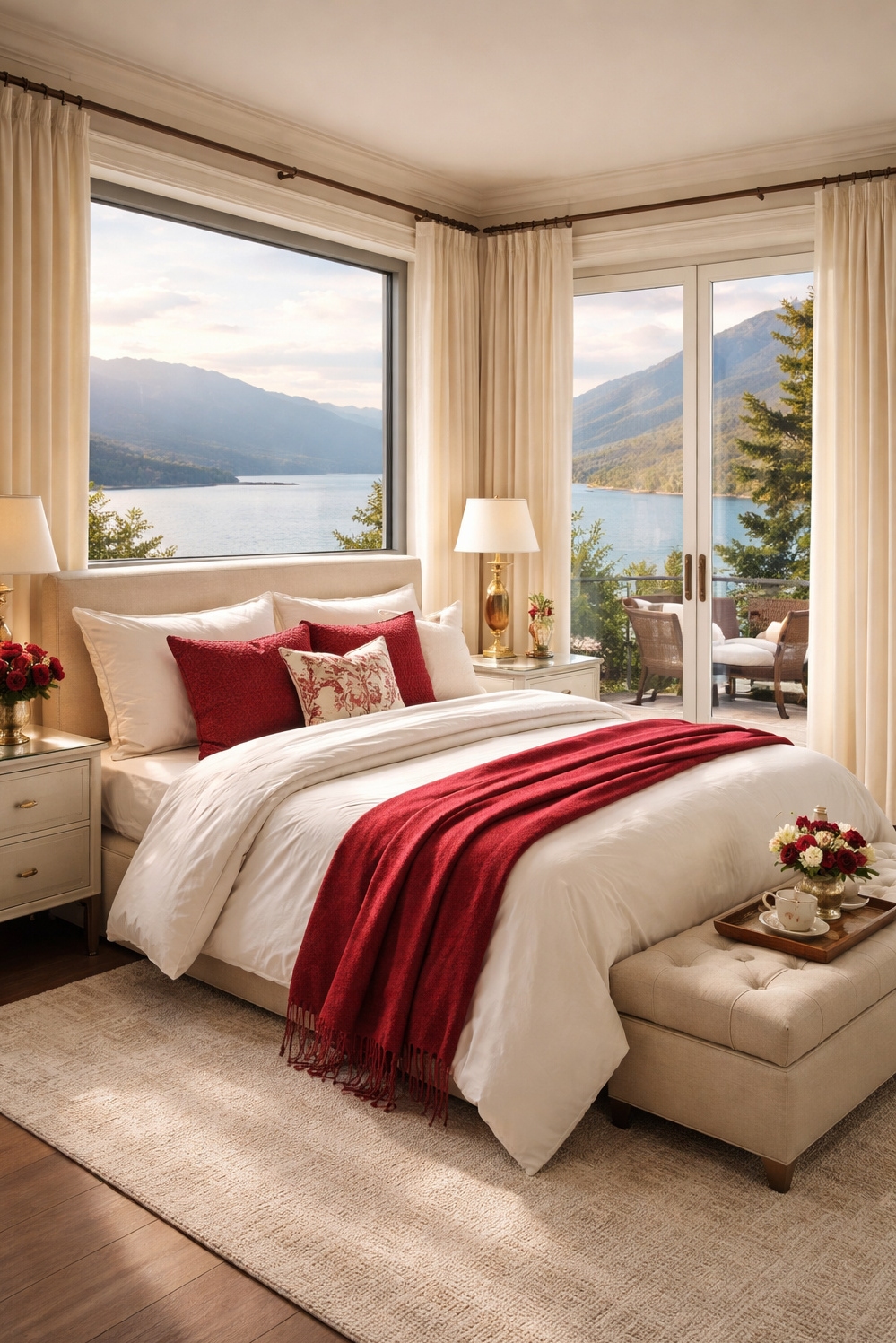 red and cream bedroom ideas - Red Accents: Cream Bedroom Light - These cream curtains soften the light flooding this...