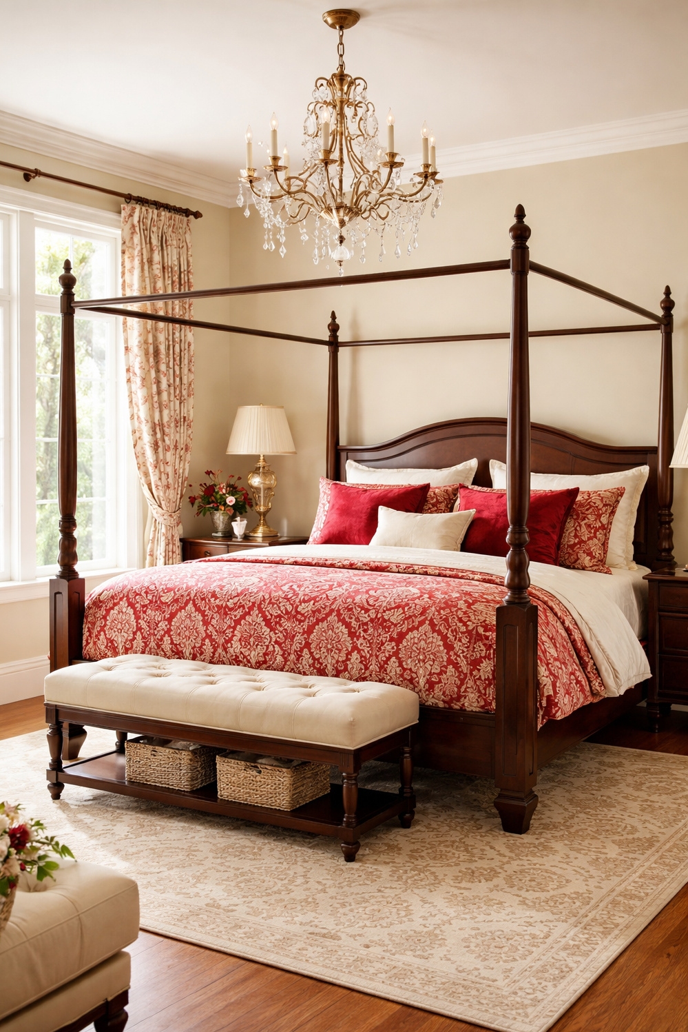 red and cream bedroom ideas - Patterned Duvet: Red Anchors Cream - The four-poster bed anchors this bedroom, drawing your...