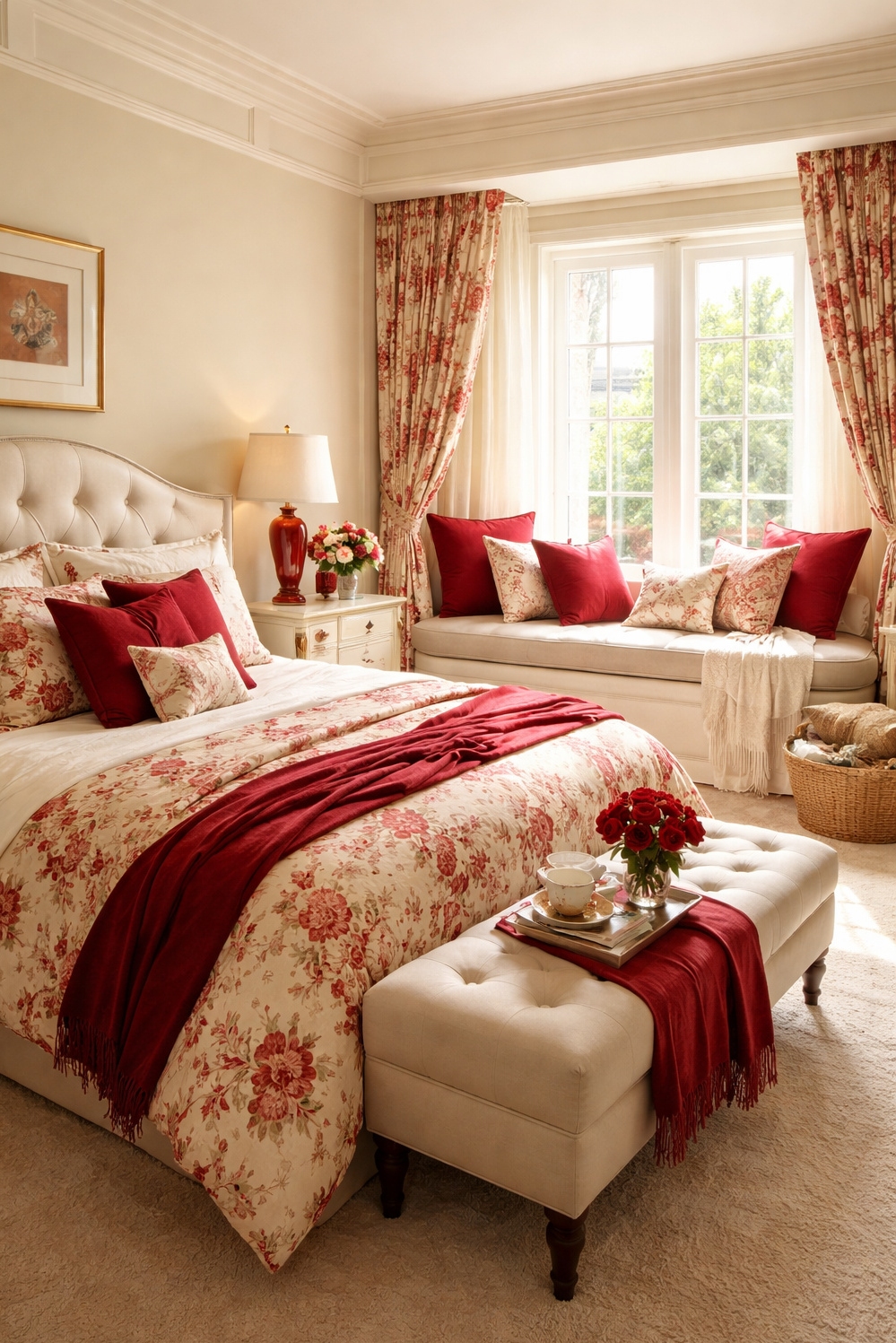 red and cream bedroom ideas - Red and Cream: Piled High Window Seat - The cream-colored window seat is the star. I...