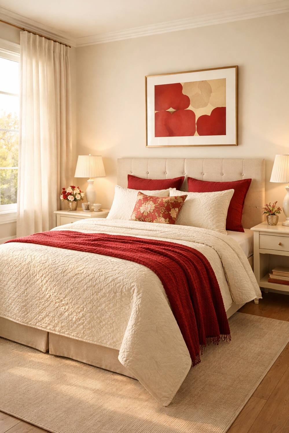 red and cream bedroom ideas - Linen With Drapes - These linen drapes let soft morning light spill...