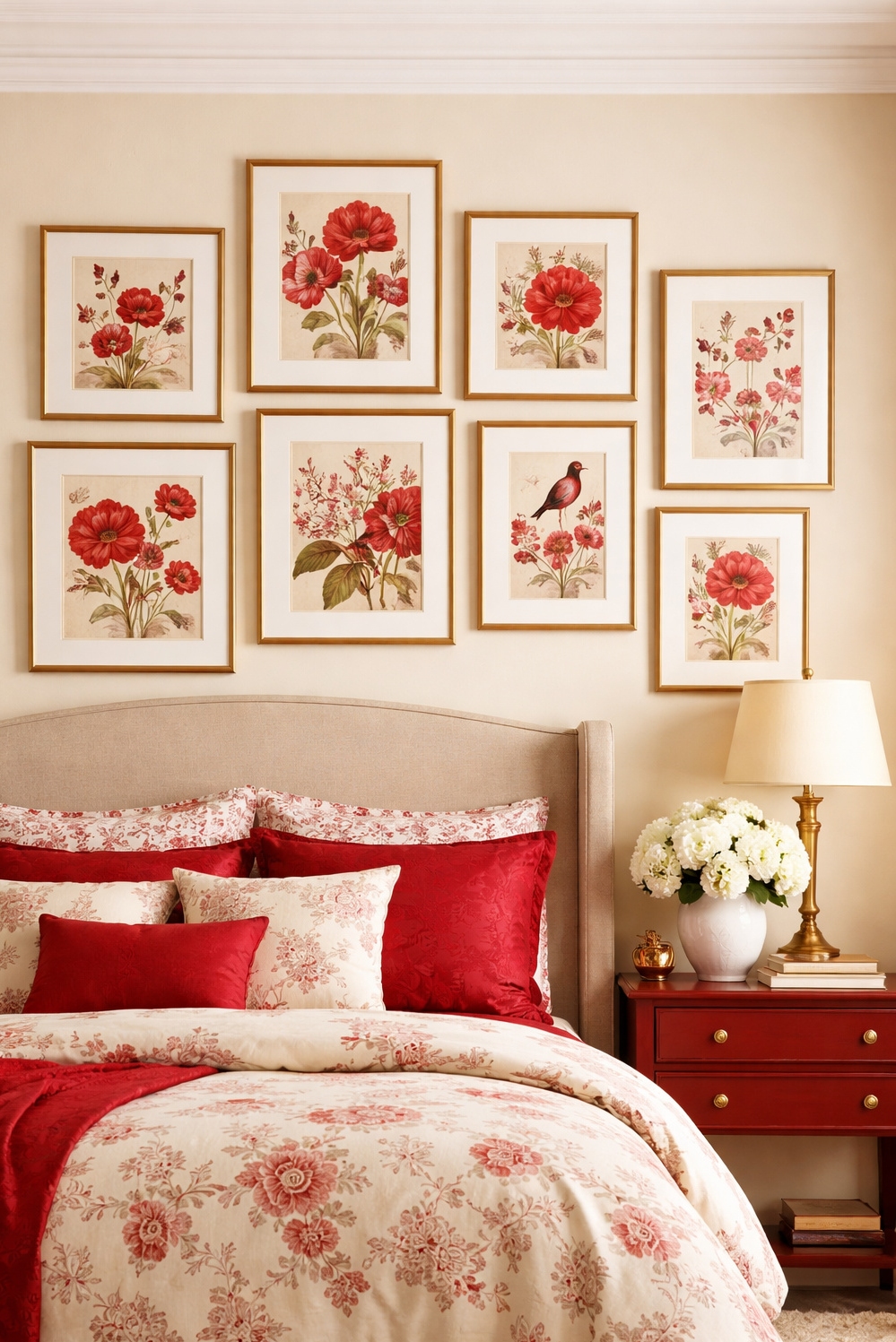 red and cream bedroom ideas - Red and Cream: Botanical Prints Command Attention - These botanical prints command attention. The gallery wall,...