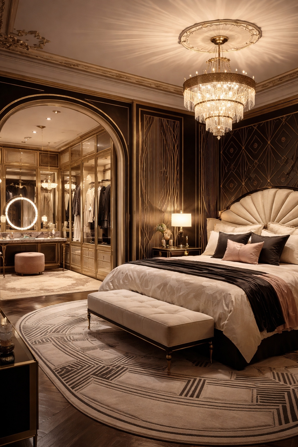 art deco bedroom ideas - Built-In Closets Define Deco Dressing Room - These built-in closets define the dressing room, promising...