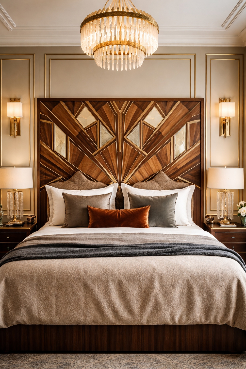 art deco bedroom ideas - Geometric Headboard Grabs Art Deco Attention - The geometric patterned headboard really grabs your attention....