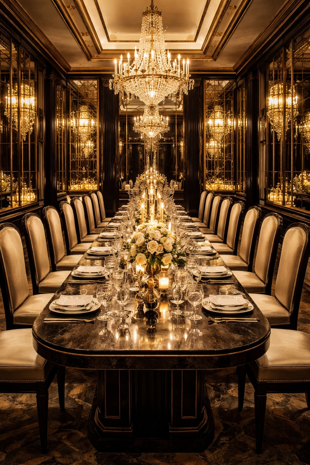 art deco interior - Mirrored Walls Amplify Art Deco Glow - These mirrored walls really amplify the soft glow...