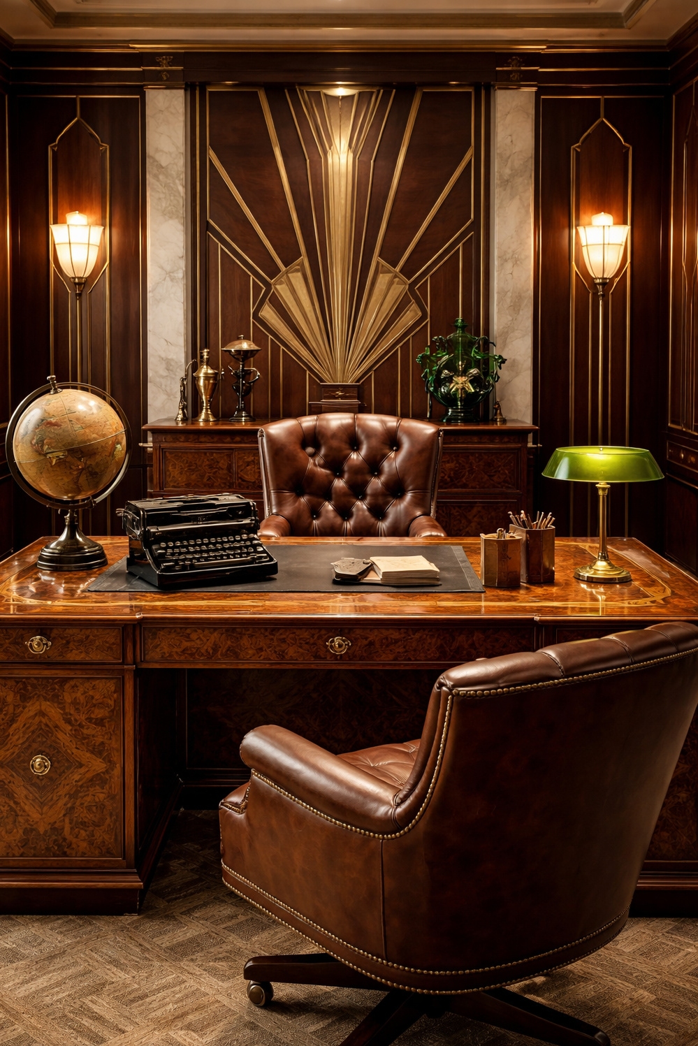 art deco interior - Burled Wood Desk Commands Attention - The burled wood desk commands attention with its...