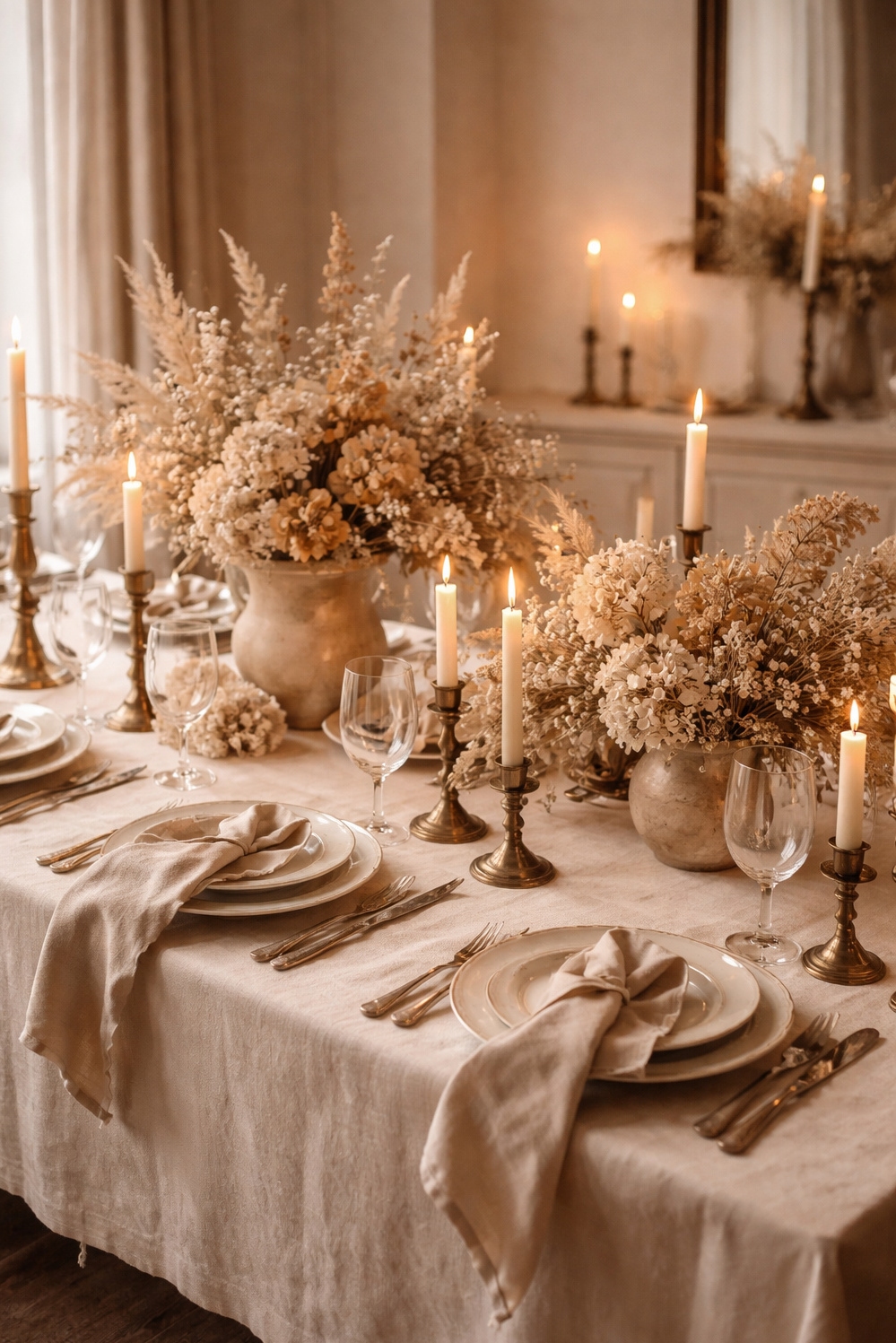 light academia decor ideas - Linen Tablecloth: Setting a Refined Stage - The linen tablecloth drapes softly, setting the stage...