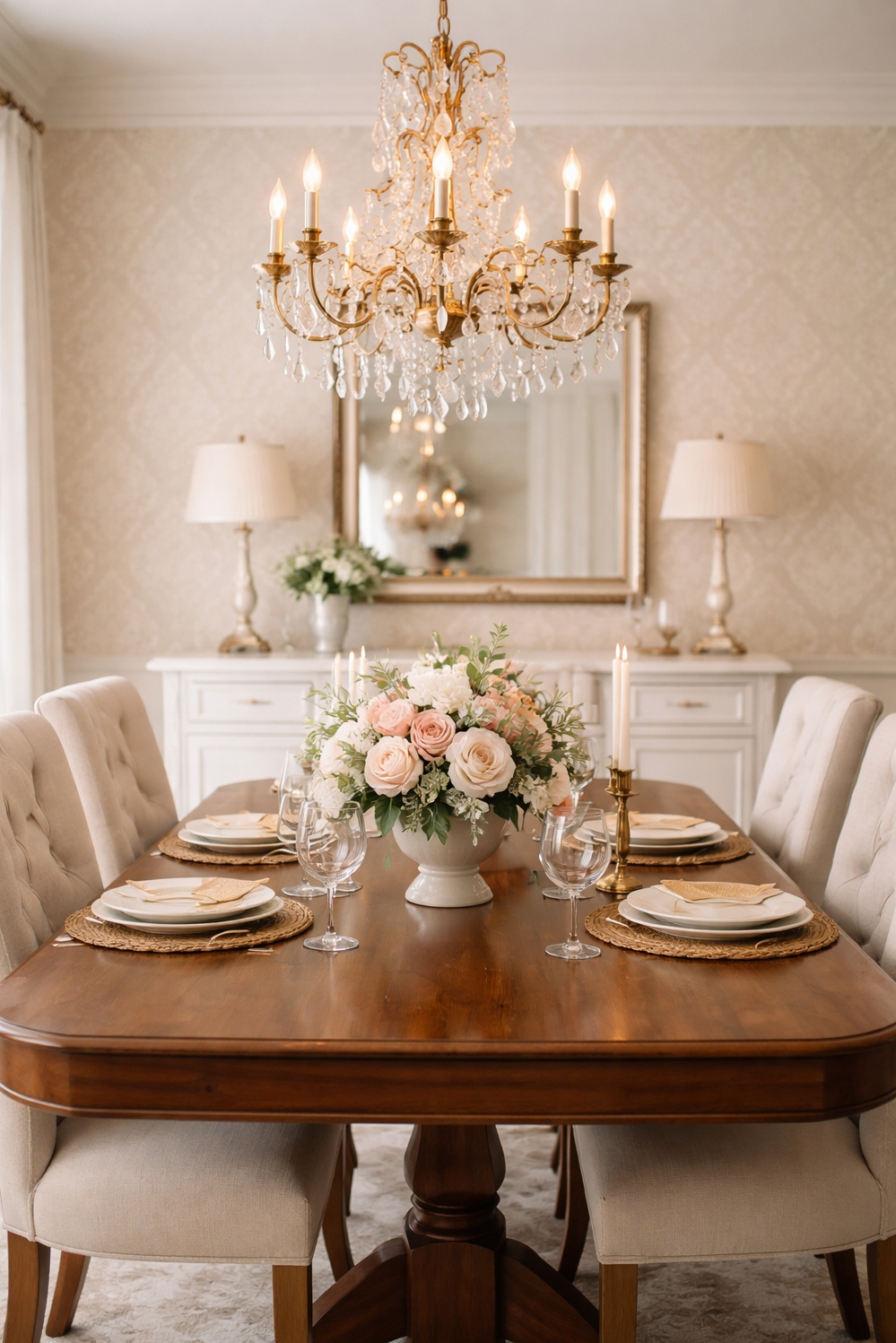 feminine wallpaper ideas - Damask Wallpaper Sets a Dining Room Tone - The damask wallpaper sets the tone in this...