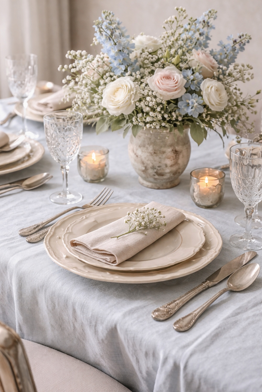 Muted French Country Color ideas - Pale Blue Linen: French Country Calm - The pale blue linen tablecloth drapes softly, setting...