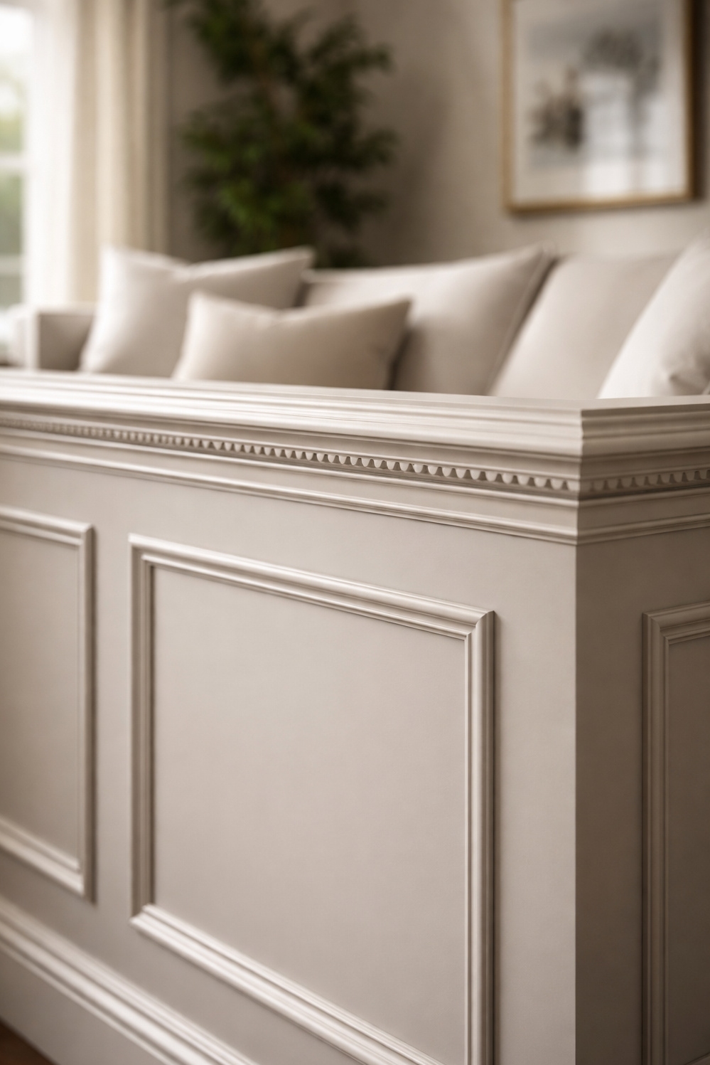 neutral wainscoting panels for living rooms - Soft Gray Wainscoting: Quiet Room Elegance - These neutral wainscoting panels bring a quiet elegance...