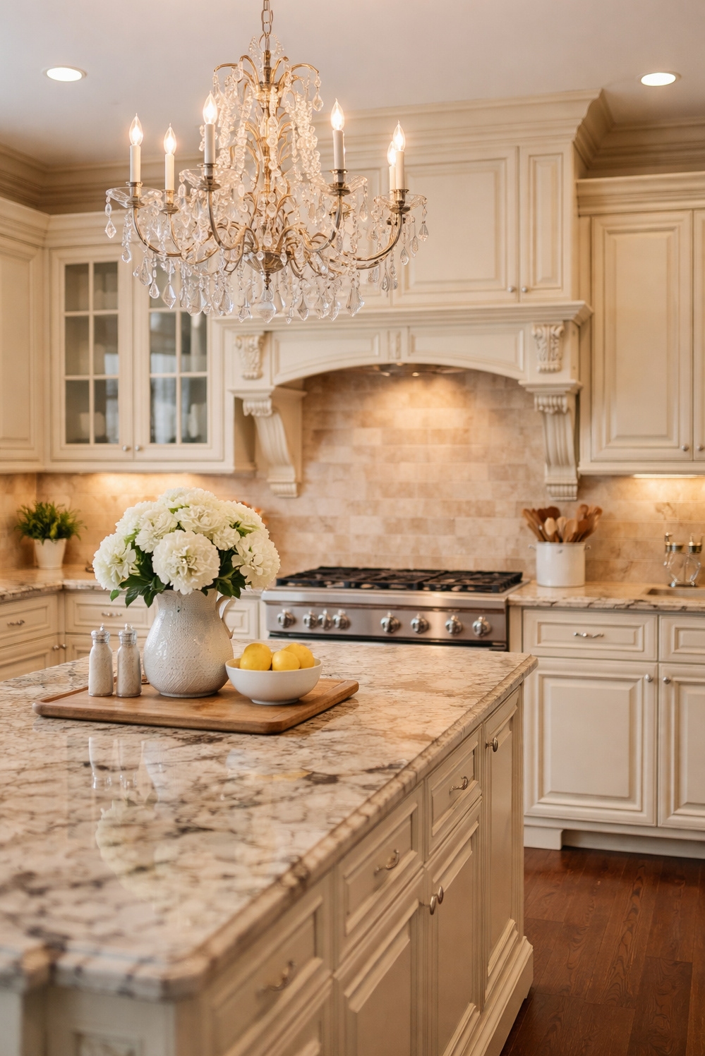 Beige and Cream Kitchen Cabinets - Ornate Molding Catches Inviting Light - These cream and beige kitchen cabinets feel so...