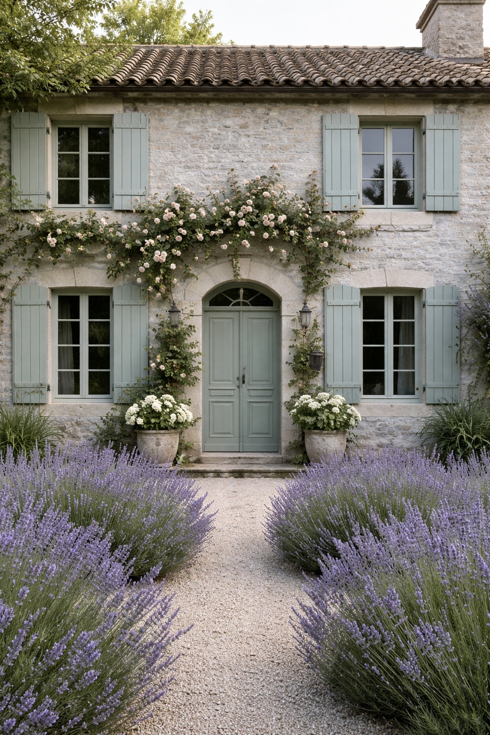 Muted French Country Color ideas - Muted Shutters: Subtle French Country Contrast - These shutters, painted a muted green, add a...