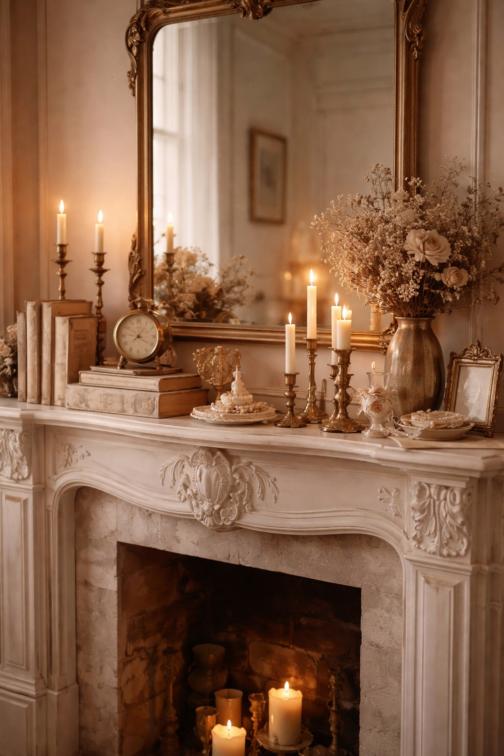 light academia decor ideas - Fireplace Mantel: Warm, Decorated Focus - The fireplace mantel, decorated with light academia decor,...