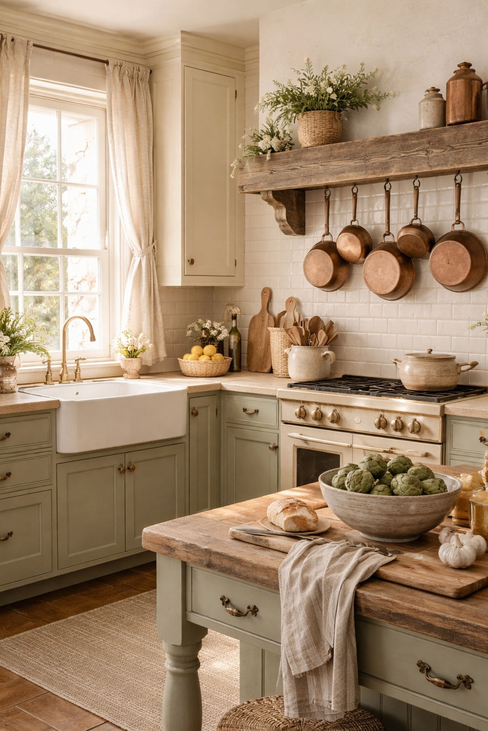 Muted French Country Color ideas - Soft Sage Green French Country Cabinets - These soft sage green cabinets set the tone...