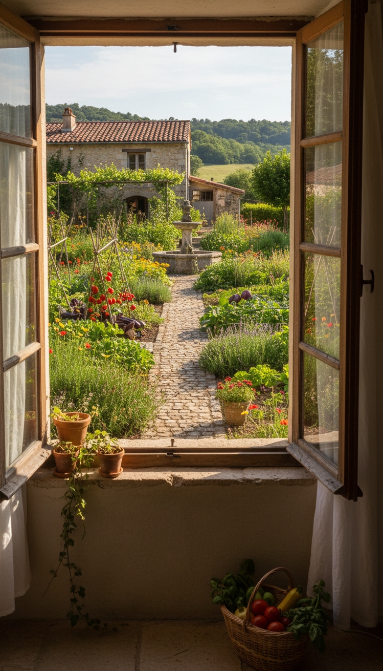 vintage french kitchen - Open Window Frames French Kitchen View - The open window frames a view right into...