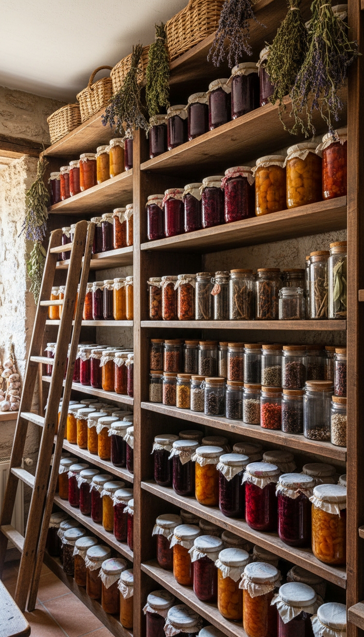 vintage french kitchen - Wooden Shelves: Warm, Inviting Focal Point - These wooden shelves create a warm, inviting focal...