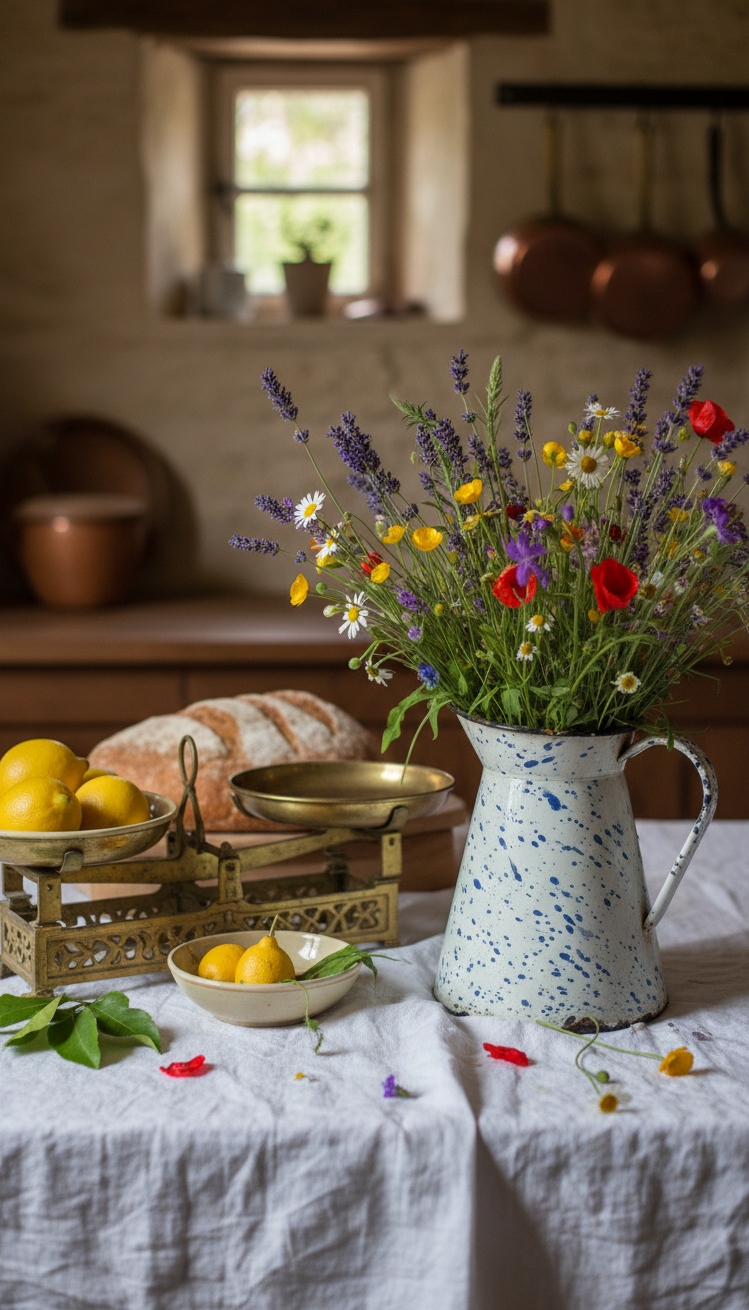 vintage french kitchen - Enamelware Pitcher Grabs the Eye - The enamelware pitcher grabs your eye first, overflowing...