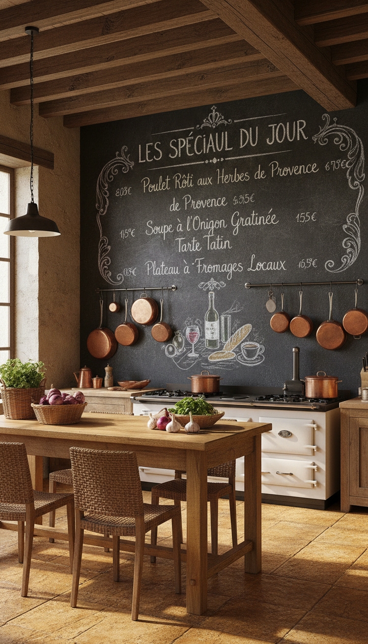 vintage french kitchen - Chalkboard Wall Grabs Kitchen Attention - The chalkboard wall grabs your attention right away....