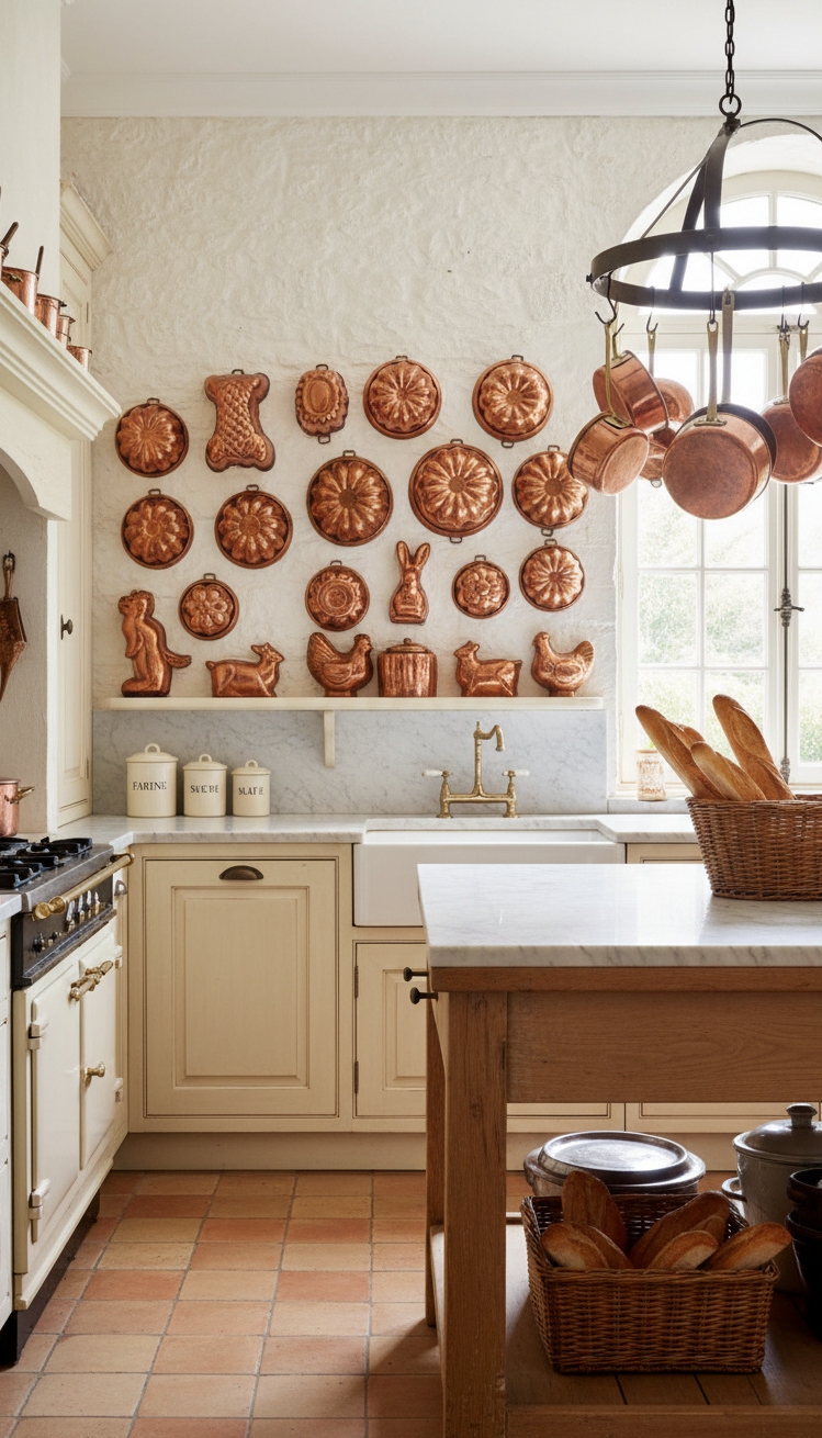 vintage french kitchen - Copper Molds Steal the Show - These copper molds steal the show. They gleam...