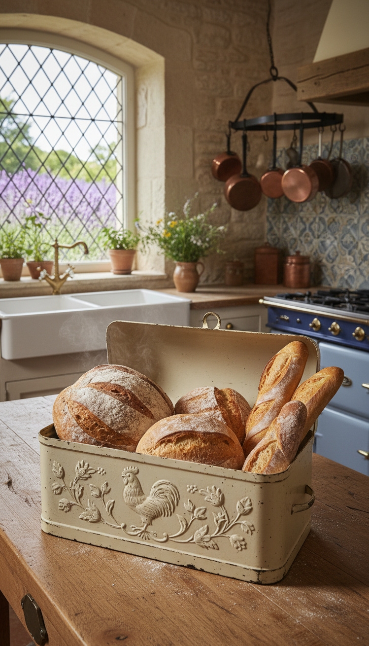 vintage french kitchen - Aged Paint Steals the Kitchen Show - The vintage bread box steals the show. Its...