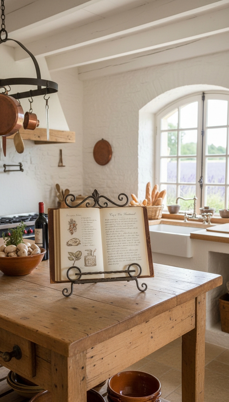 vintage french kitchen - Cookbook's Aged Pages Beg to be Read - The cookbook, propped open, practically begs you to...