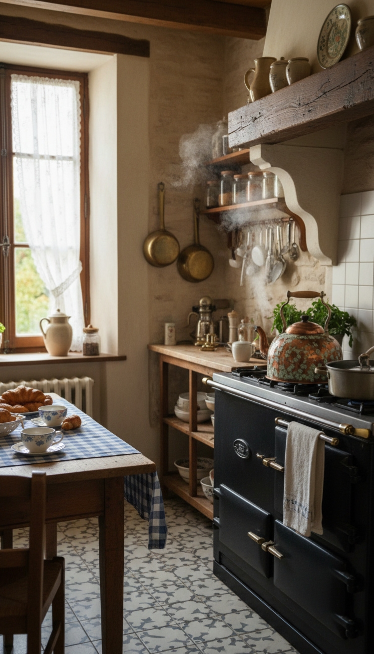 vintage french kitchen - Copper Pots Catch Kitchen Light - These copper pots hanging above the stove catch...