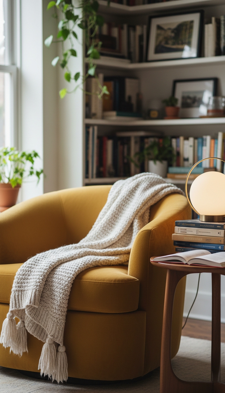 Rounded furniture for living room ideas - Mustard Armchair Steals the Show - The rounded armchair steals the show, doesn't it....