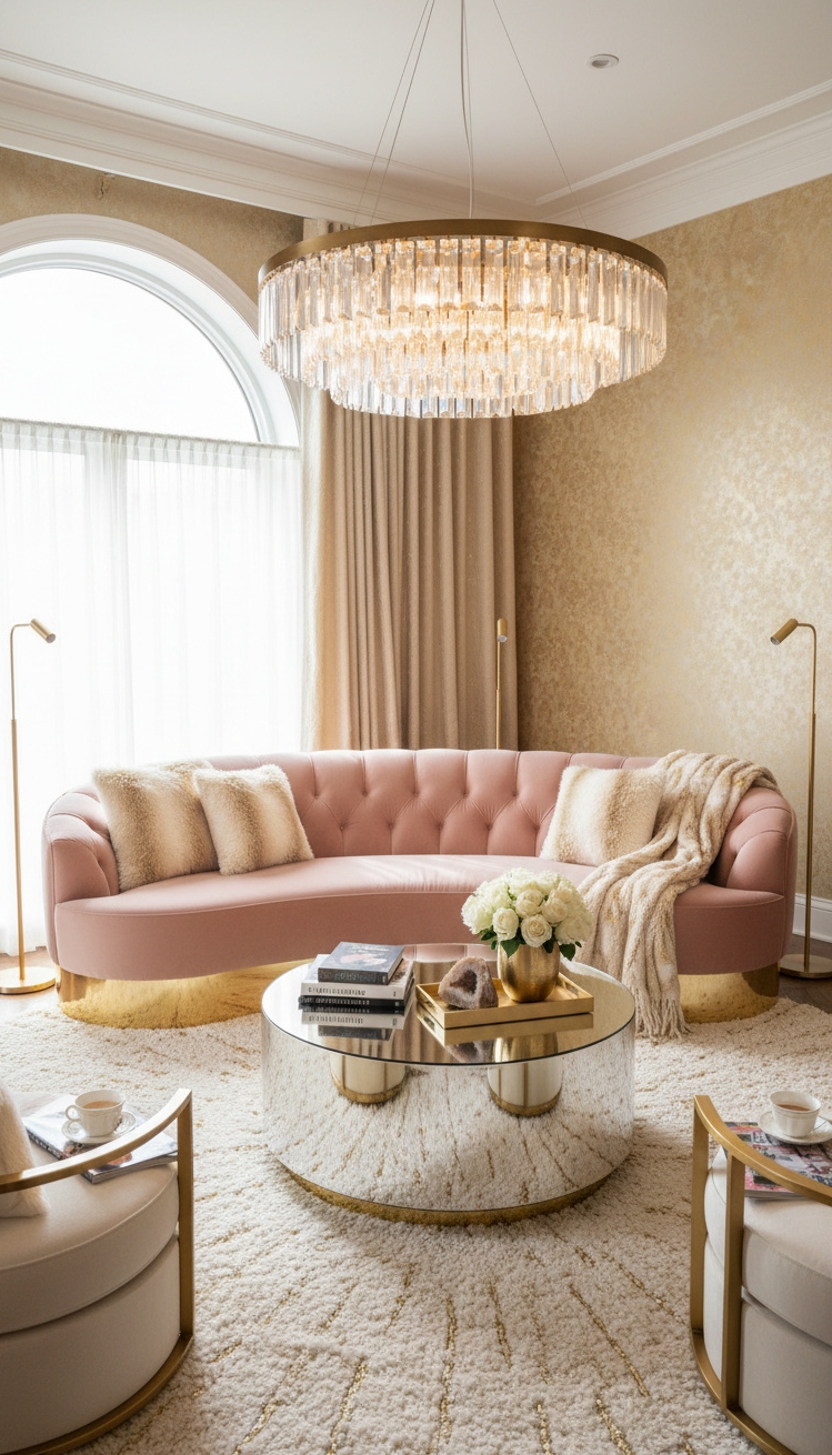 Rounded furniture for living room ideas - Blush Sofa Steals Glamorous Living Show - The blush pink, rounded sofa steals the show...