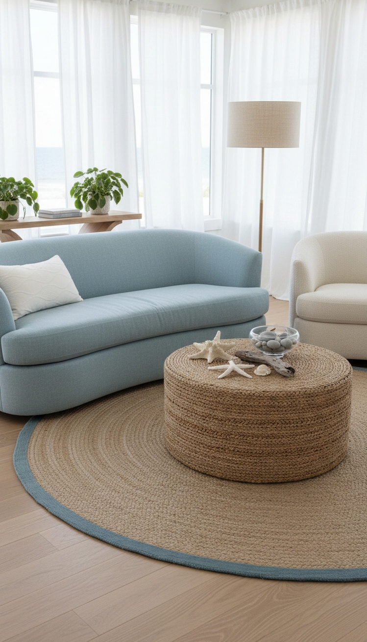 Rounded furniture for living room ideas - Light Blue Linen Sofa Invites Relaxation - The rounded sofa, upholstered in light blue linen,...
