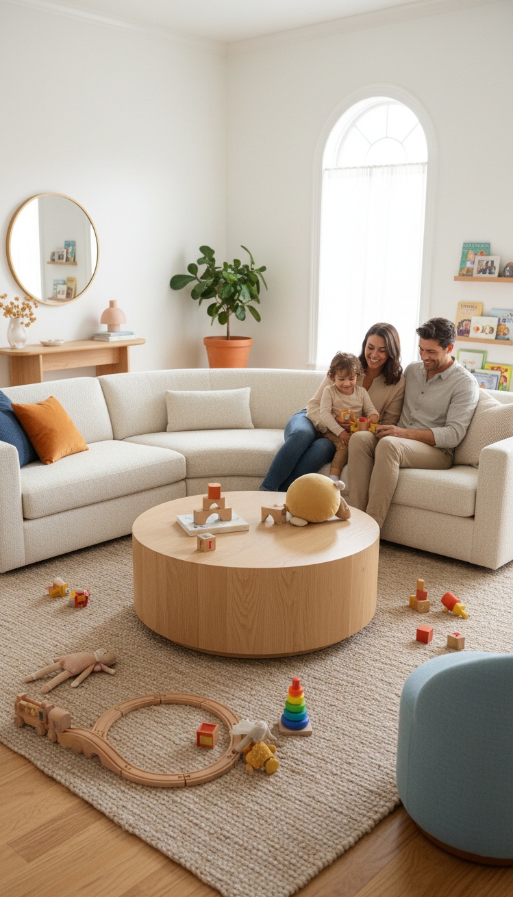 Rounded furniture for living room ideas - Soft Pieces Create Inviting Family Room - These rounded furniture pieces create a soft, inviting...