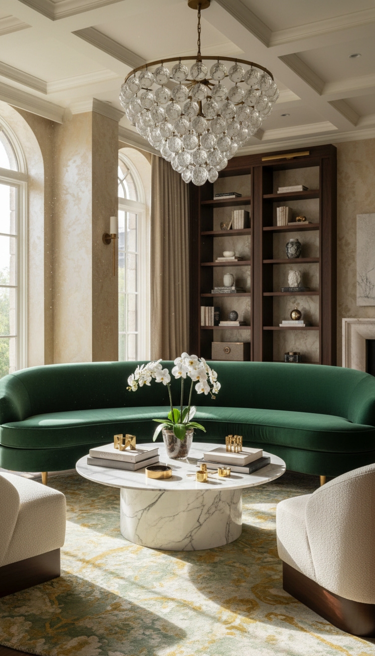 Rounded furniture for living room ideas - Emerald Green Pieces Create Inviting Room - These rounded furniture pieces create a seriously inviting...