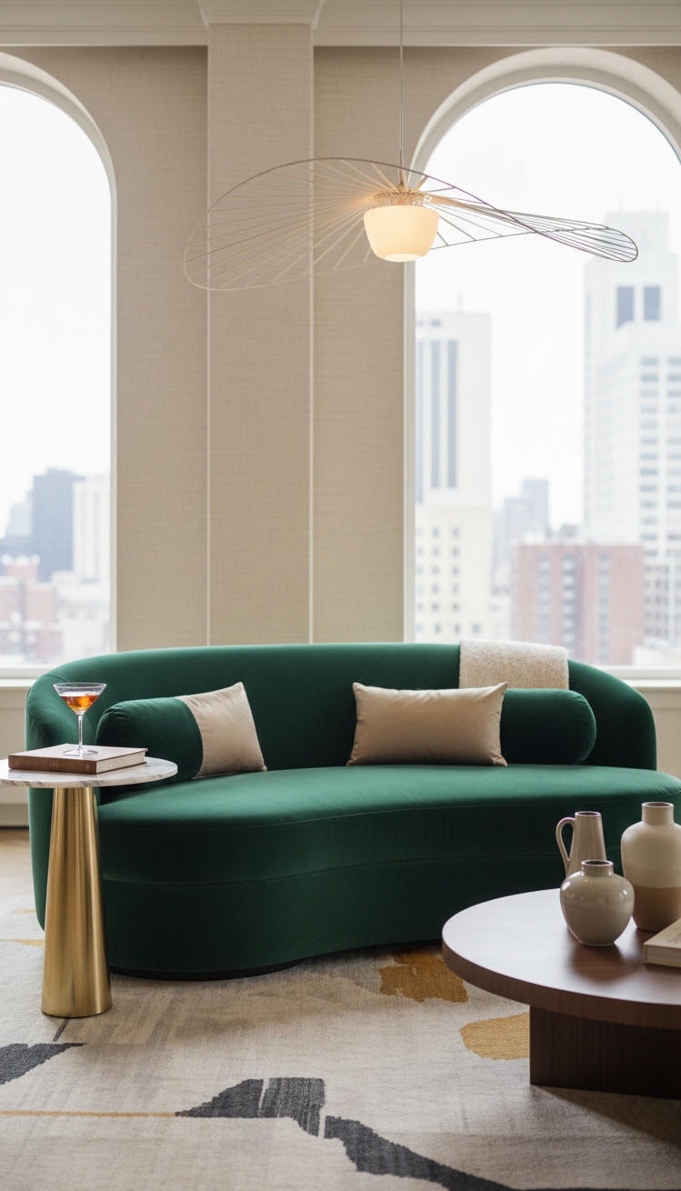 Rounded furniture for living room ideas - Emerald Green Chaise Lounge Steals Show - The rounded chaise lounge steals the show. Its...