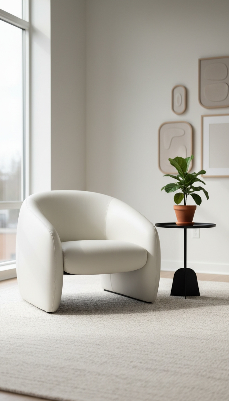 Rounded furniture for living room ideas - White Leather Chair Steals the Show - The rounded chair steals the show. Its white...