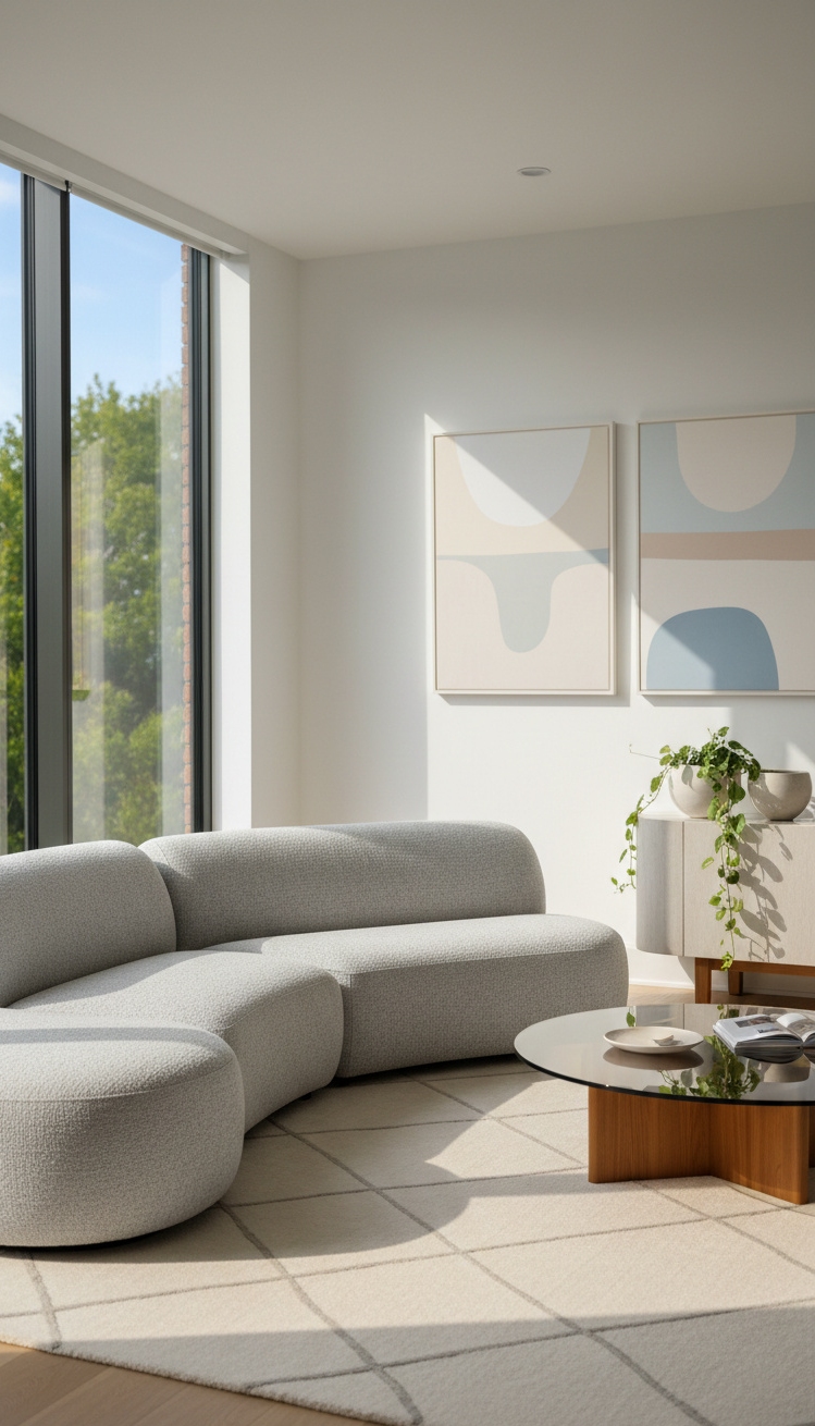 Rounded furniture for living room ideas - Light Gray Sofas: Gently Curved Design - These light gray sofas curve gently, inviting you...