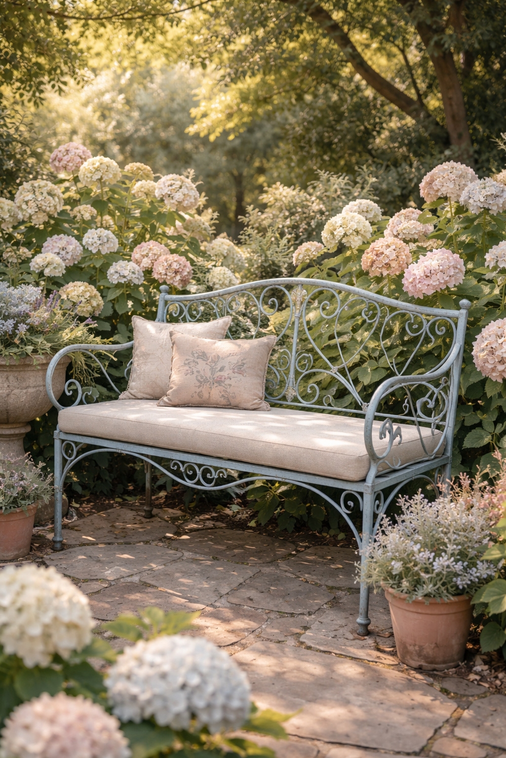 Muted French Country Color ideas - Hydrangeas Spill: Muted French Country Garden - These hydrangeas practically spill over in this garden...