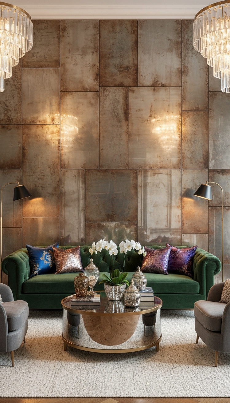 wall behind sofa design ideas - Metallic Accent Wall Design Ideas - The metallic accent wall shimmers, catching light and...