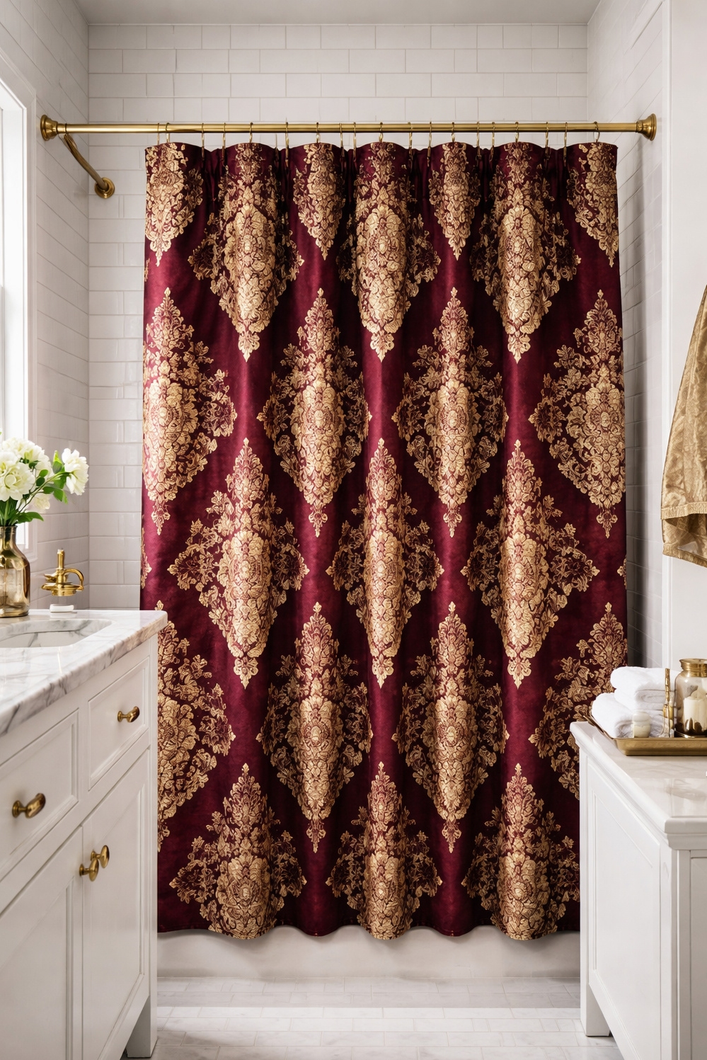Burgundy and gold bathroom design ideas - Patterned Shower Curtains Steal the Show - These burgundy and gold patterned shower curtains steal...