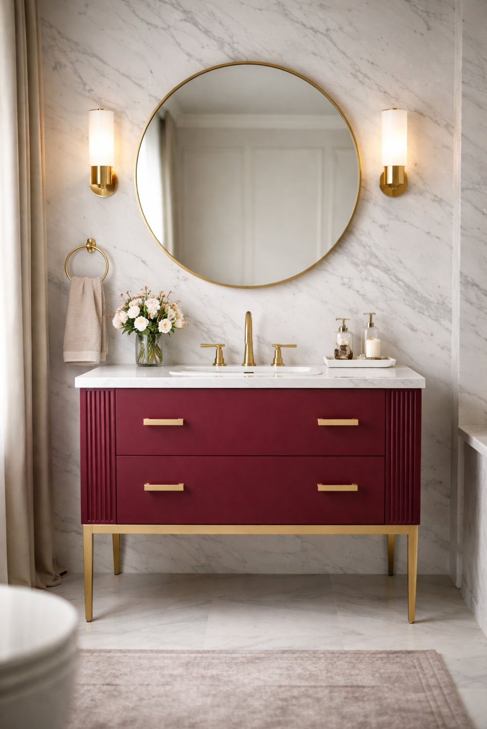 Burgundy and gold bathroom design ideas - Burgundy Vanity Grabs Gold Attention - The burgundy vanity immediately grabs your attention. Its...