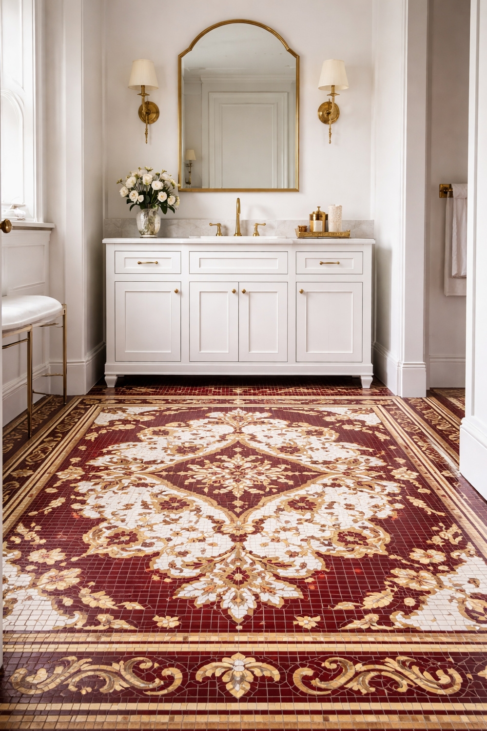 Burgundy and gold bathroom design ideas - Mosaic Floor Steals the Show - The mosaic tile floor steals the show in...
