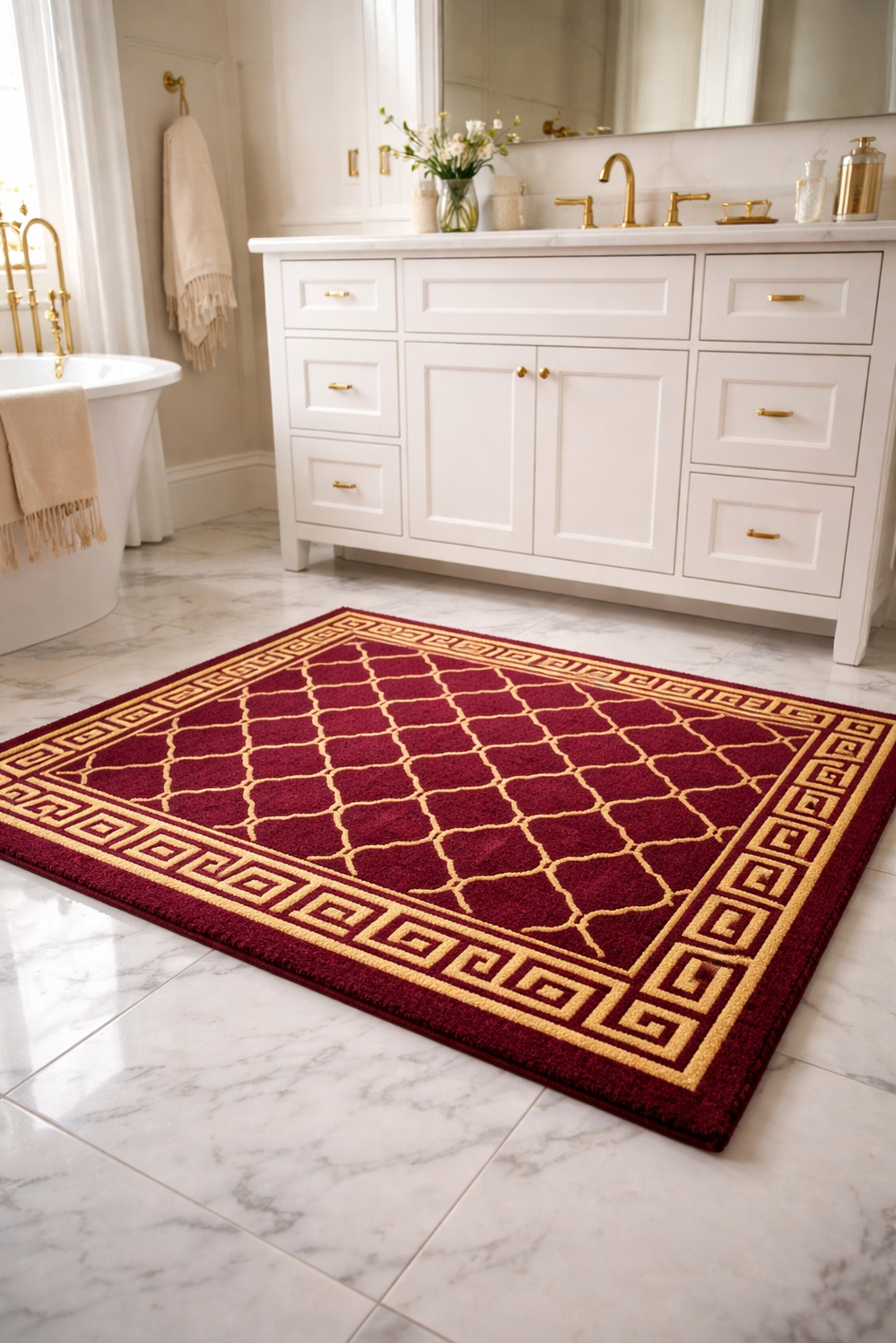 Burgundy and gold bathroom design ideas - Burgundy Rug Grabs Bathroom Attention - The burgundy rug grabs your attention right away....