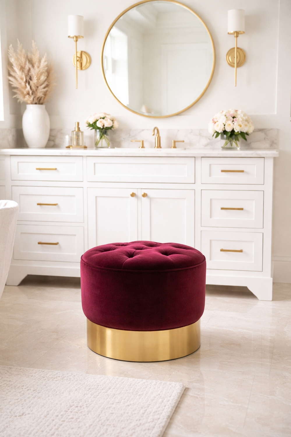 Burgundy and gold bathroom design ideas - Deep Velvet Vanity Stool Really Pops - These burgundy and gold design ideas for a...