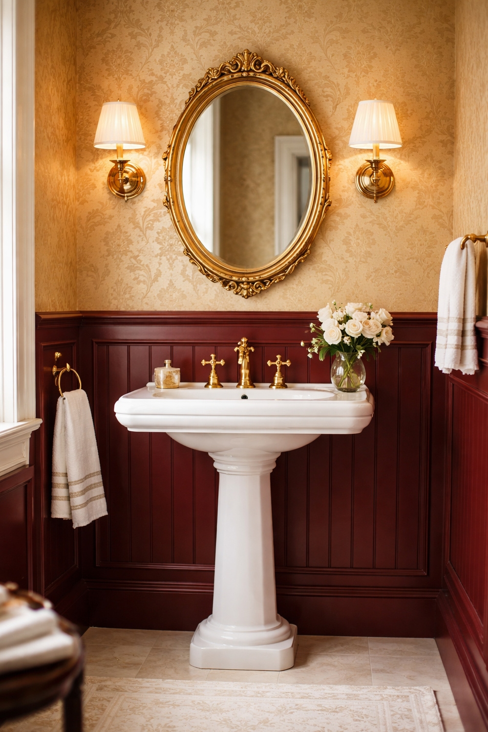 Burgundy and gold bathroom design ideas - Burgundy Walls Create Warm Feeling - These burgundy walls create a warm, enveloping feeling...