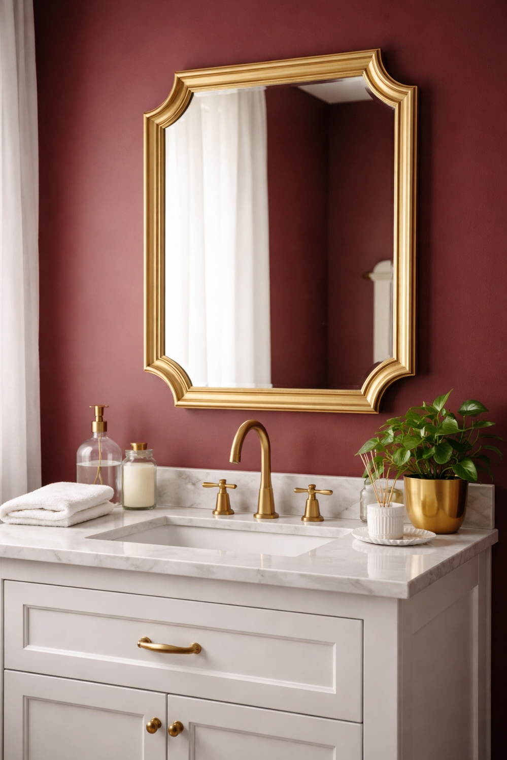 Burgundy and gold bathroom design ideas - Burgundy Walls Create a Rich Feel - These burgundy walls create a rich, enveloping feel...