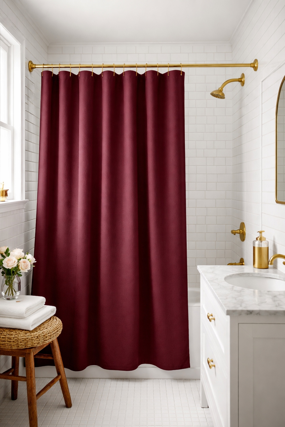 Burgundy and gold bathroom design ideas - Moody Richness: Burgundy Shower Design - These burgundy shower curtains bring a moody richness...