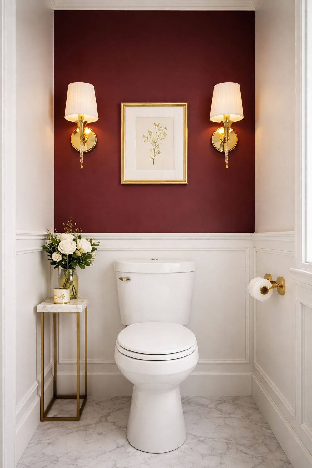 Burgundy and gold bathroom design ideas - Burgundy Accent Wall Makes a Statement - The burgundy accent wall makes a statement in...