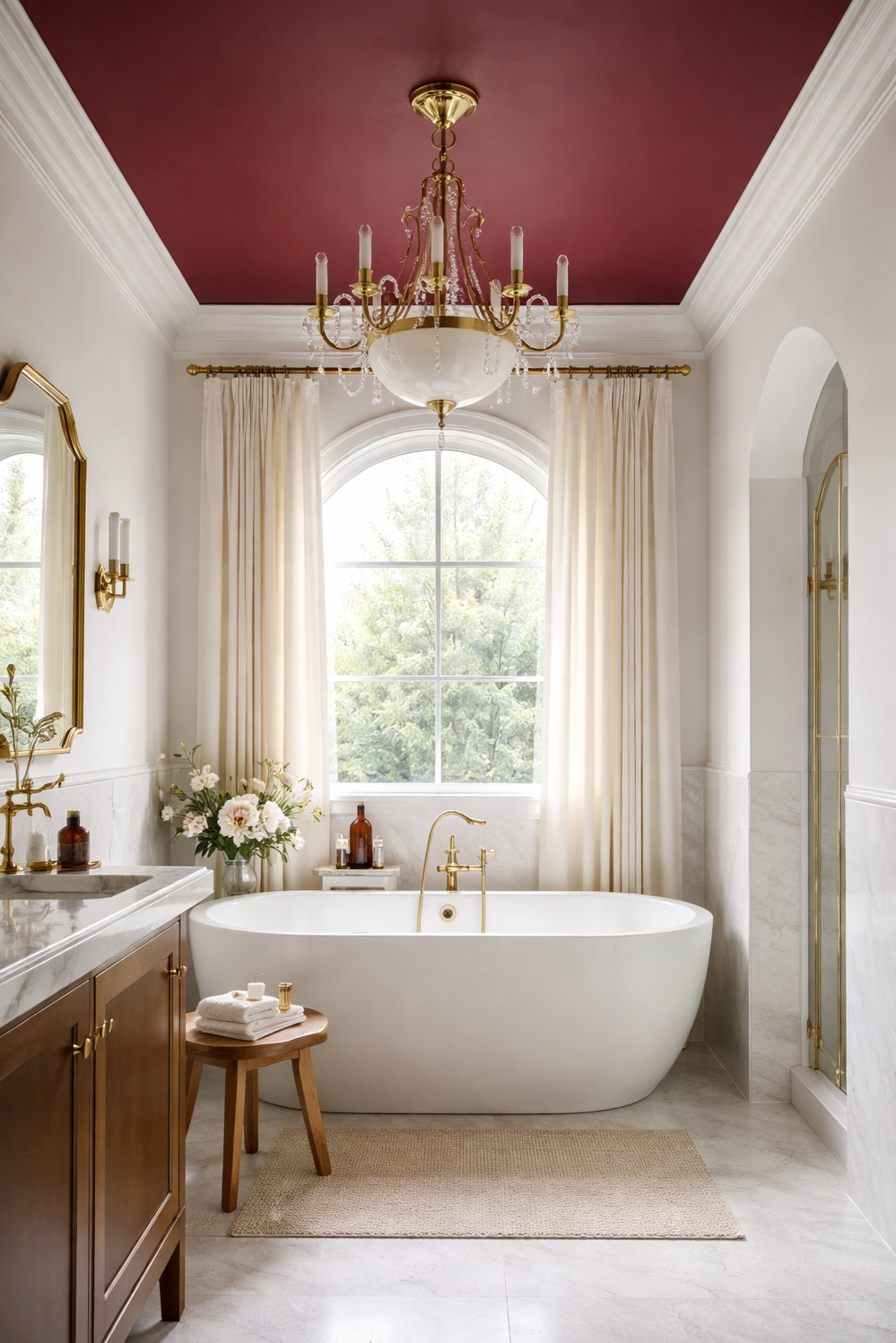 Burgundy and gold bathroom design ideas - Burgundy Ceiling Really Grabs Attention - The burgundy ceiling really grabs your attention in...