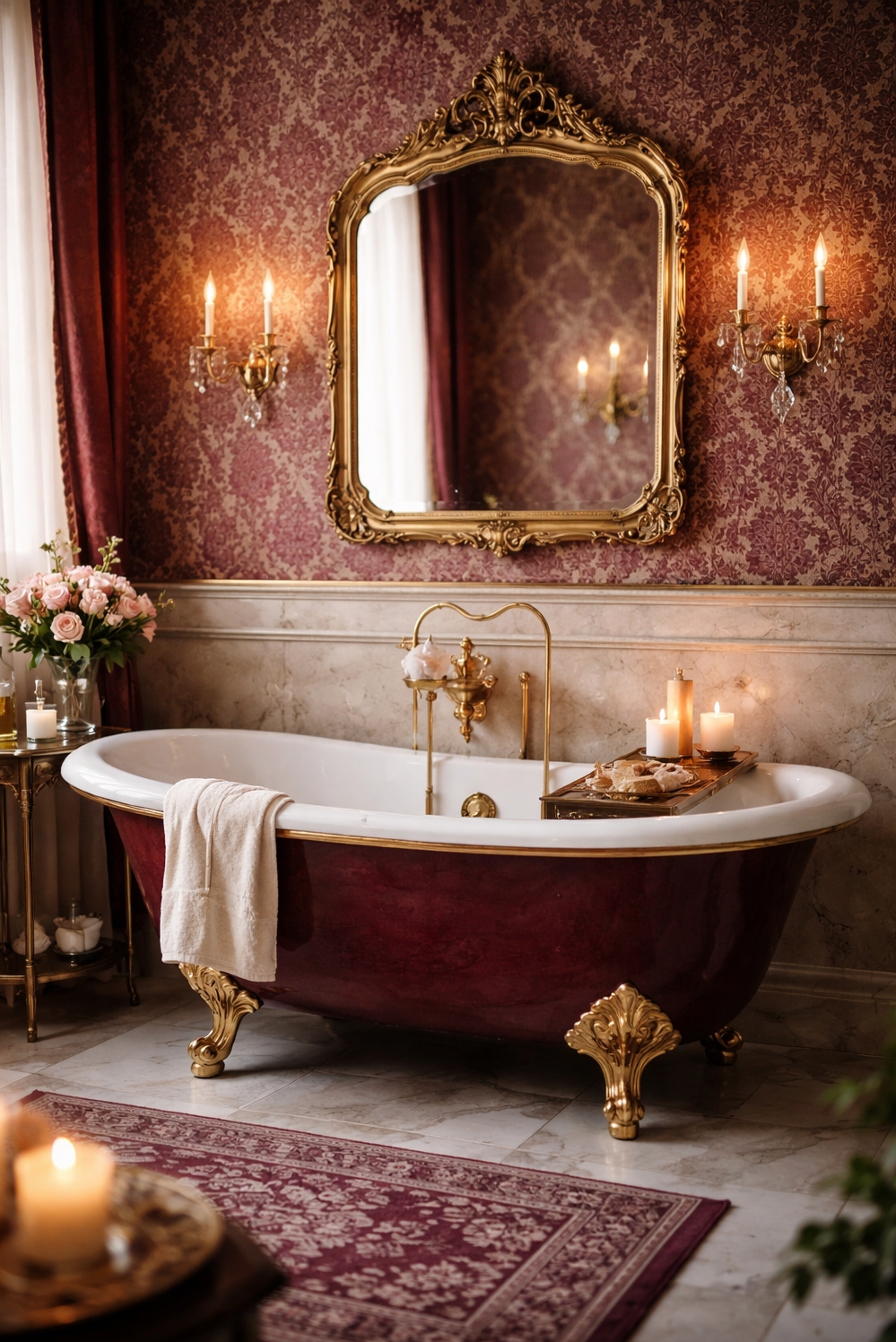 Burgundy and gold bathroom design ideas - Painted Clawfoot: Burgundy Bathroom Attention - The clawfoot tub commands attention, doesn't it. Painted...