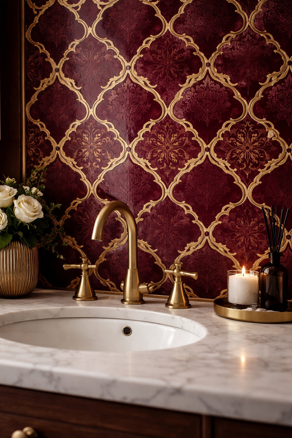 Burgundy and gold bathroom design ideas - Burgundy and Gold Tiles Command Attention - These patterned tiles command attention. A close view...