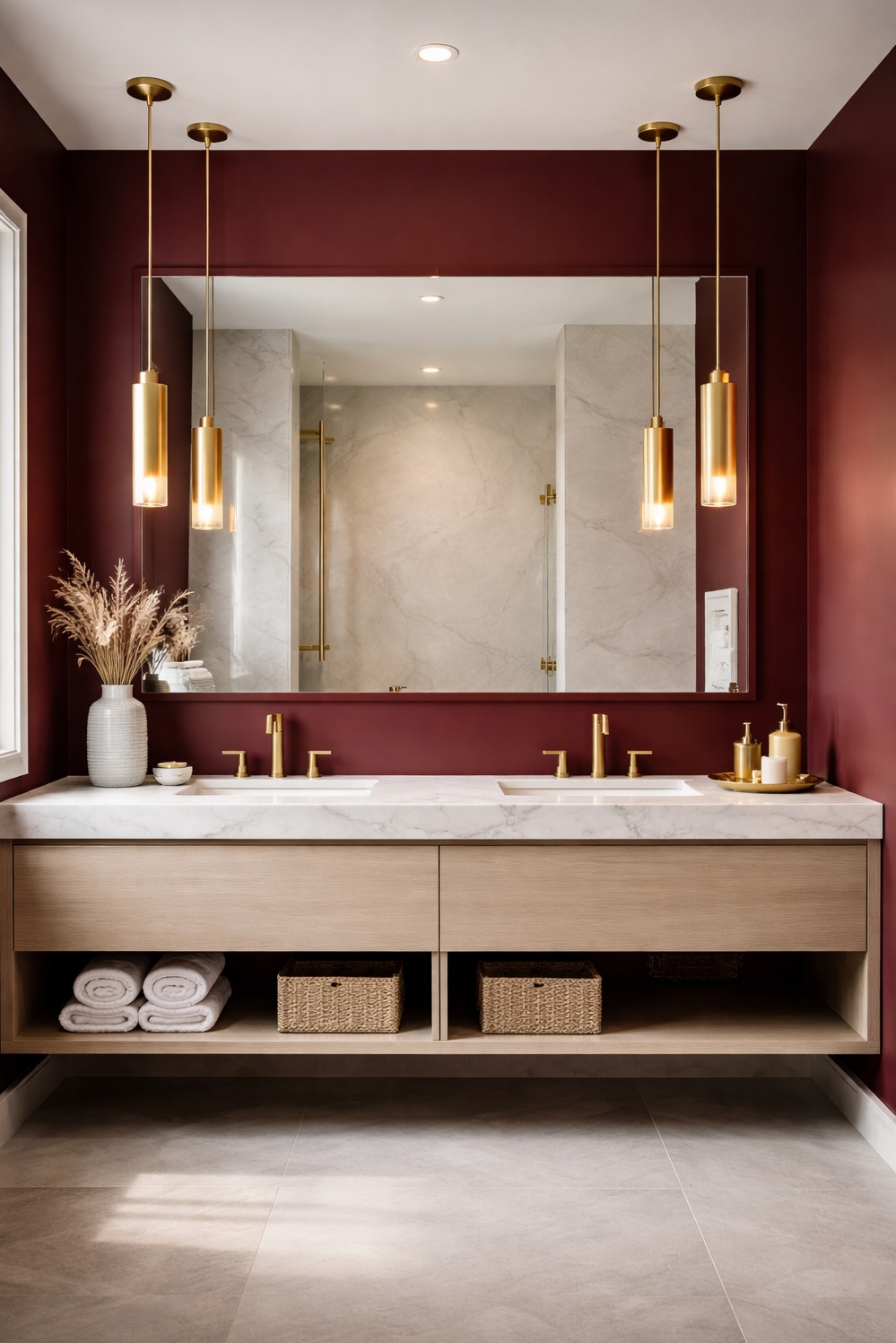 Burgundy and gold bathroom design ideas - Burgundy Walls Bring Warm Bathroom Space - The burgundy walls in this bathroom bring a...