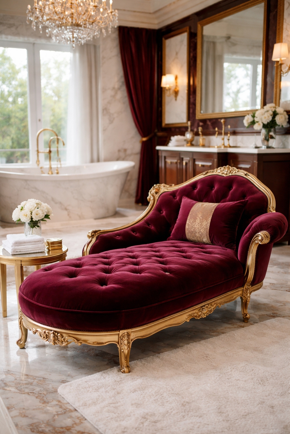 Burgundy and gold bathroom design ideas - Velvet Chaise Lounge Steals the Show - The burgundy velvet chaise lounge steals the show...