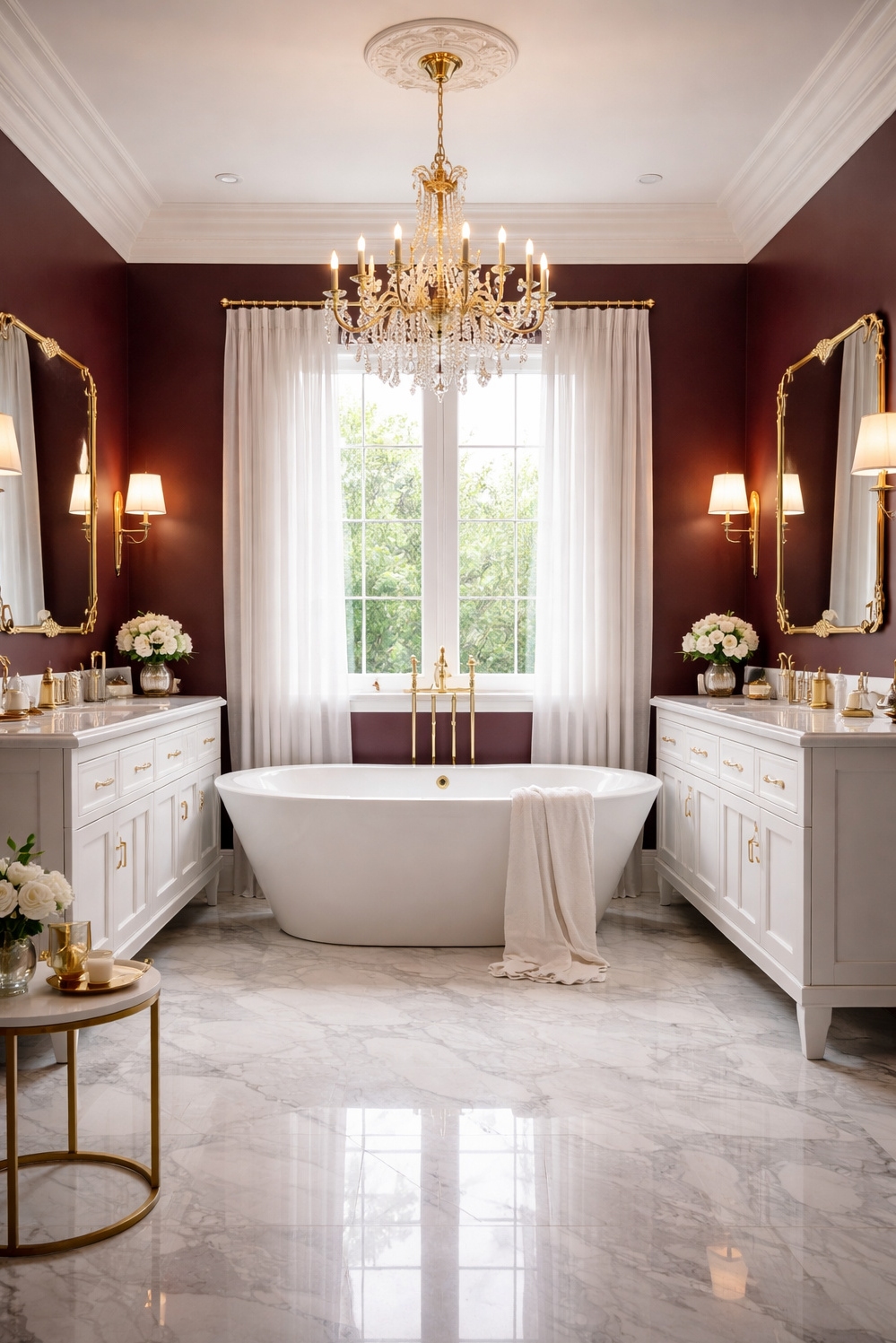 Burgundy and gold bathroom design ideas - Burgundy Walls Create a Bathroom Mood - These burgundy walls create a mood. The deep...